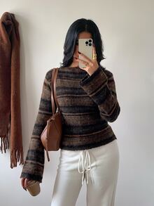 Aloruh Sweater Wanita Gaya Vintage Liburan dengan Blok Warna dan Desain Pinggang yang Pas, Gaya Streetwear - Coffee Brown - View 5