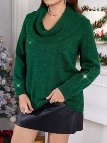 SHEIN Clasi Plus Size Autumn/Winter Cowl Neck Glitter Pullover Sweater Christmas Elegant Party Green Top Sequin - Green - View 4