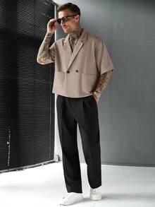 Zorclune 男士舒適純色短袖襯衫，簡約大領口配2顆鈕扣，適合正式或休閒場合，休閒度假、用餐聚會、簡約辦公、休閒居家穿著，百搭風格，適合自穿或送禮給朋友，熱銷舒適面料襯衫 - 卡其色 - 查看 4