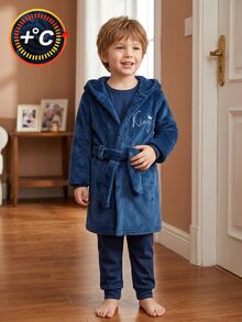 Boys' Simple Royal Blue Plush Long Sleeve Hooded Robe Loungewear - Blue - View 7