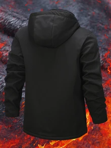 Manfinity Homme Men's Thermal Lined Hooded Jacket, Black Zipper Winter Jacket, Slim Fit, Suitable For Urban Commute And Casual Daily Wear - Black - View 2