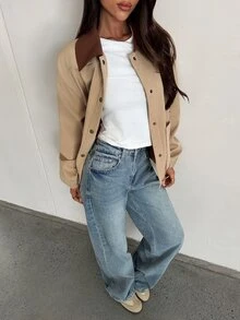 Aloruh 女款優雅休閒通勤麂皮人造毛拼接棕色收腰長版夾克，秋冬長袖老錢風 - 棕色 - 查看 1