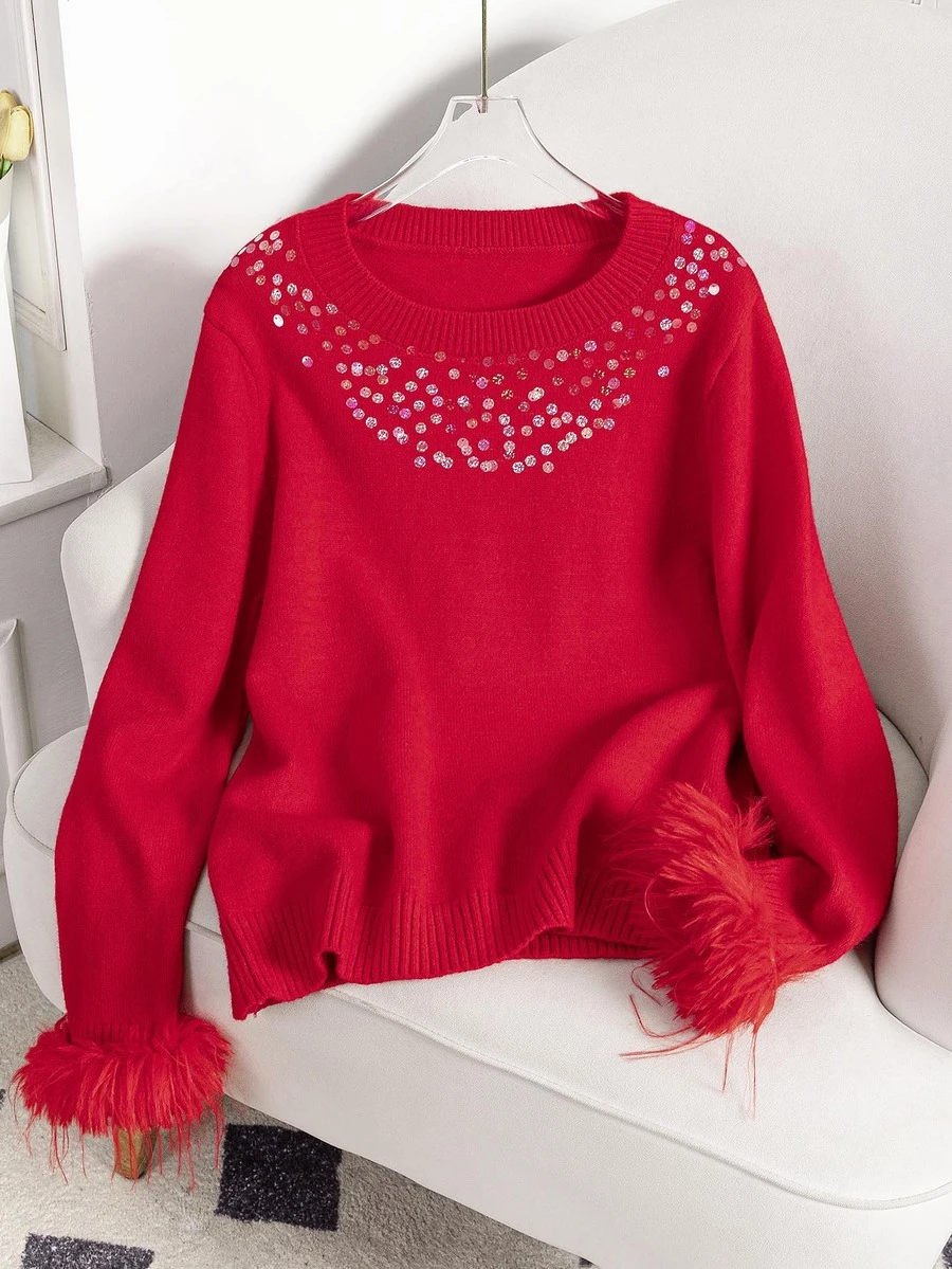 Auvina Plus Size Women's Autumn/Winter Crew Neck Long Sleeve Casual Pullover Sweater - Red - View 1