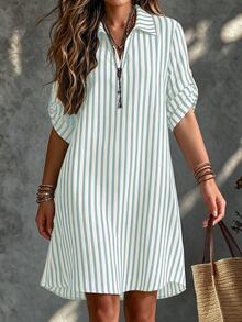 SHEIN Tall CURVE 大尺碼女款法式休閒夏季短袖V領長版洋裝 - 天藍色 - 查看 1