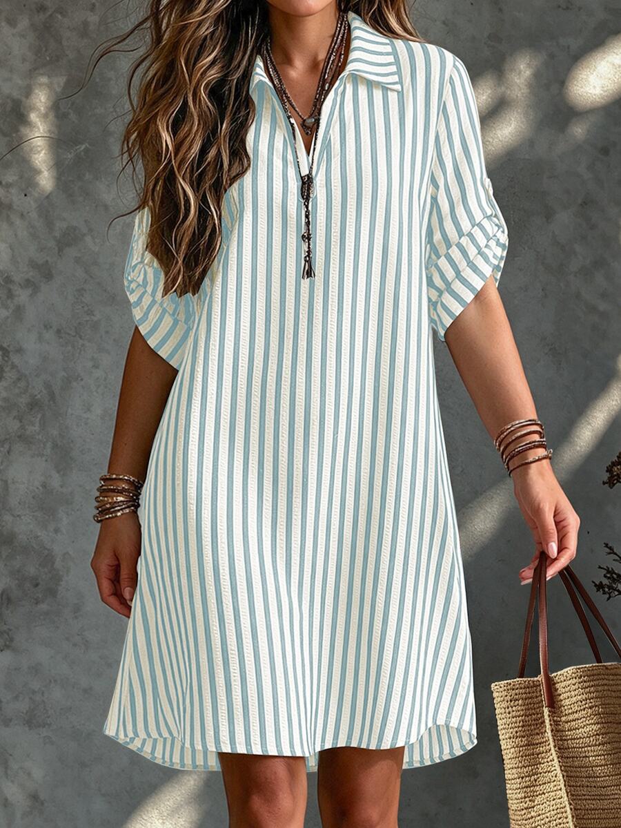 SHEIN Tall CURVE 大尺碼女款法式休閒夏季短袖V領長版洋裝 - 天藍色 - 查看 1