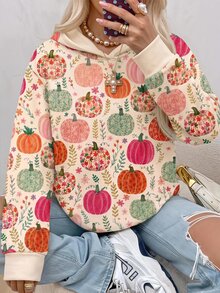 SHEIN EZwear 女款萬聖節南瓜圖案長袖圓領套頭運動衫，秋冬日用休閒可愛米色 - 彩色 - 查看 5