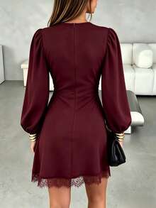 SHEIN LUNE Solid Black Round Neck Puff Long Sleeve Side Ruched Lace Hem Short Dress, Slim Fit Flattering Sexy Little Black Dress For Date, Party, Commute, Autumn/Winter - Burgundy - View 2