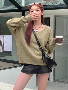 Livesso 女款素色寬鬆長袖V領針織衫 - 黃色 - 查看 3