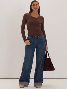 MUSEYN Blue Wash Denim Wide Leg Turn Up Hem Jeans Versatile Everyday Casual New Season Fall - Blue - View 1