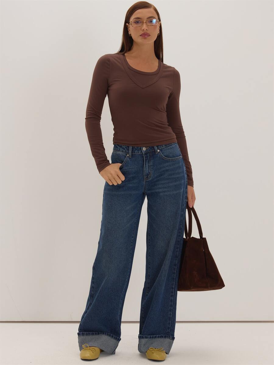 MUSEYN Blue Wash Denim Wide Leg Turn Up Hem Jeans Versatile Everyday Casual New Season Fall - Blue - View 1