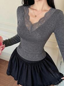 DAZY 春夏修身優雅蕾絲拼接情人節派對白色長袖女款T恤 - 深灰色 - 查看 5
