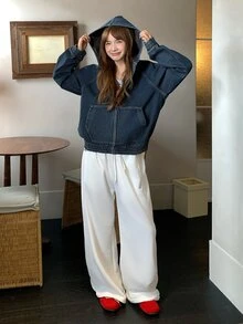 DAZY Women's Thermal Lined Hooded Loose Denim Jacket And Coat - Dark Wash - View 6