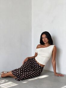 Glamine 女款復古深棕色波點天鵝絨裙，高腰修身側開衩緊身長裙，復古優雅彈性針織中長裙，法式復古風，適合日常、約會、派對、度假與街頭穿搭 - 棕色 - 查看 5