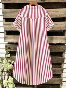SHEIN Tall CURVE 大尺碼女款法式休閒夏季短袖V領長版洋裝 - 紅白色 - 查看 2