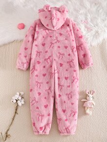 SHEIN بدلة قفز وردية مزينة بفيونكة من الفرو للبنات، أسلوب عصري، غريب ولطيف، مناسبة للارتداء في الأماكن المغلقة والمفتوحة في فصل الشتاء - وردي - مشاهدة 2