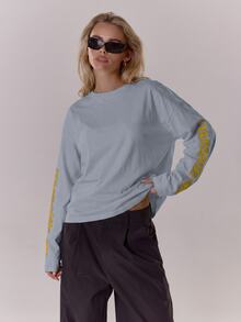 MUSERA 寬鬆大版圖案袖長袖上衣 T-shirt 酷女孩街頭風 日常學院風 1997 Holiday Vacation 圖案 T-shirt 春夏款 - 淺藍色 - 查看 5
