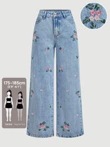 SHEIN Tall Women's Casual Daily Washed Denim Jeans With Pocket, Button And Floral Embroidery Pattern - Light Wash - View 1