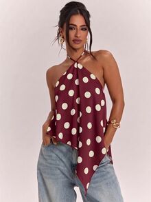 SHEIN BAE Women's Polka Dot Asymmetric Hem Fashion Halter Tank Top - Burgundy - View 1