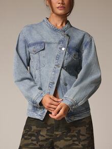 Athîral Denim Women's Casual Street Style Asymmetric Button Collar Denim Jacket, Autumn/Winter, Streetwear - Blue - View 6