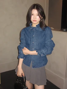 DAZY Women's Small Stand Collar Tie-Neck Casual Elegant Denim Top - Medium Wash - View 4