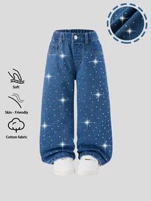 SHEIN Elladie kids 少女閃亮水鑽寬腿牛仔褲 秋季度假戶外派對牛仔褲 - 中等水洗藍 - 查看 6