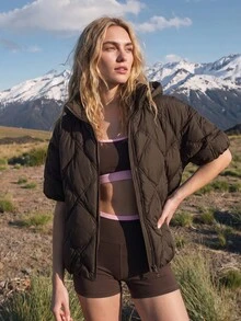 WanderVale Women's Quilted, Detachable Hood, Short Sleeve Batwing Sleeve Padded Coat, ,Brown, Diamond Stitch, Zip Up, Outdoor Fall Winter. - Coffee Brown - View 11