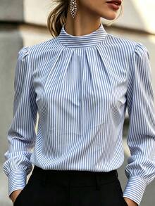 RosyDaze Women's Striped Pleated Casual Daily Wear Blouse - Blue and White - View 3