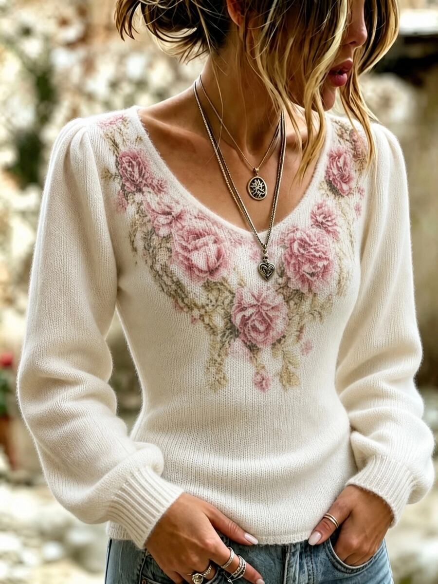 Linavere Women's Romantic Floral Print Long Sleeve Sweater - White - View 1