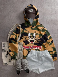 TOM & JERRY X SHEIN SHEIN EZwear 大尺碼女款字母卡通圖案休閒日常衛衣 秋季 - 彩色 - 查看 7