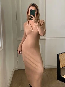 DAZY Women's Solid Color Half Button Collar Raglan Long Sleeve Elegant Knit Dress Fall - Khaki - View 6
