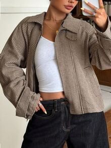 Muchica Plus Size Women's Houndstooth Casual Daily Long Sleeve Jacket - Multicolor - View 5