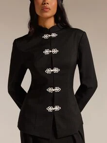 COSMINA Women's Blazer Jacket, Chinese Style Frog Button Stand Collar Long Sleeve White Contrast Color Button Decor Waist Cinched Autumn Winter Suit Jacket - Black - View 7