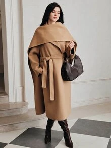 Anewsta Women's Long Handmade Double-Sided Wool Coat With Scarf - Camel - View 2