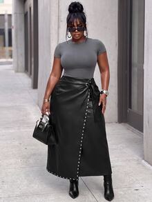 Slaydiva Plus Size Wrap Front Tie Maxi Skirt, High Waist Split Long Skirt With Side Pocket, Elegant Curvy Daily Bottoms Fall - Black - View 10