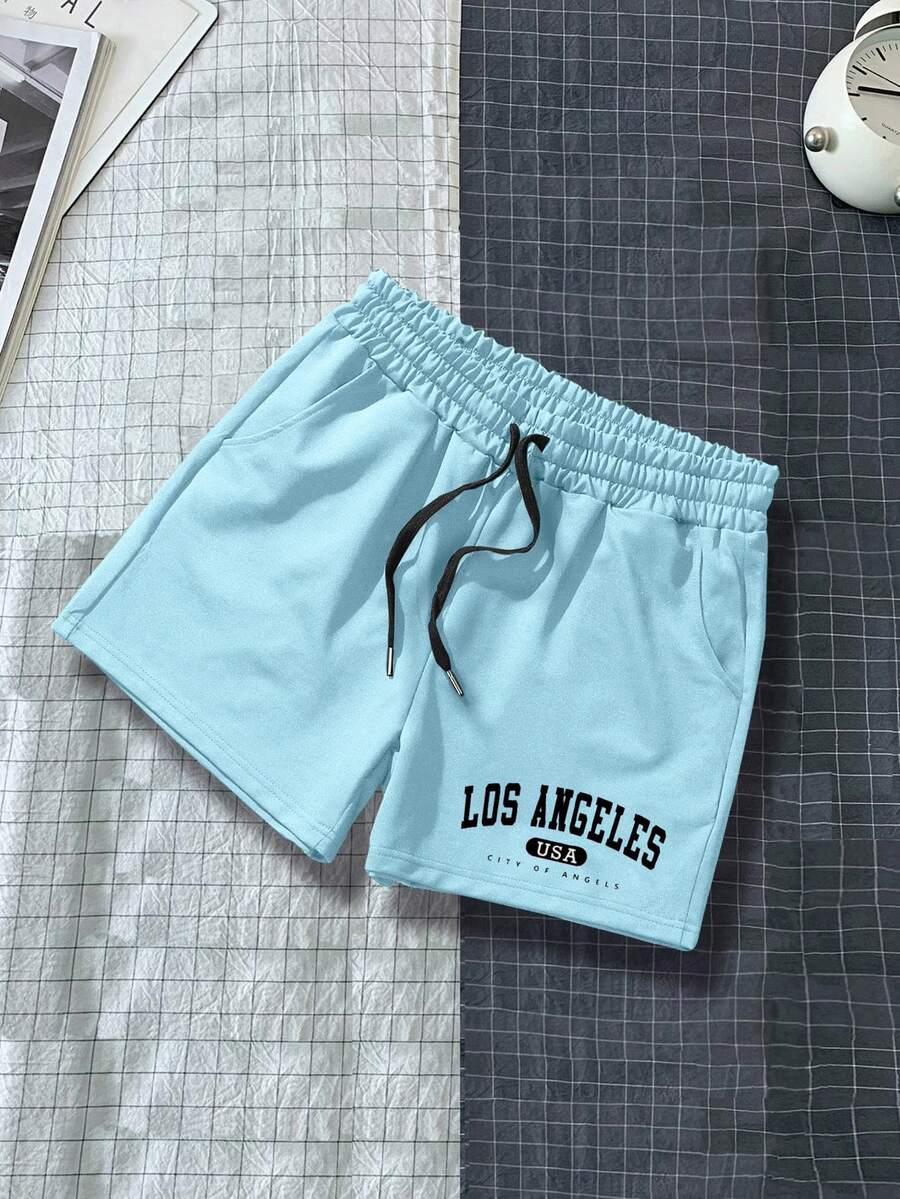 Manfinity Homme Men's Letter Print Drawstring Waist Pocket Shorts - Baby Blue - View 1