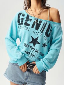 Bohemela 休閒純色針織不對稱領長袖寬鬆水洗女款衛衣 - 薄荷藍 - 查看 8