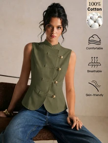 Poéselle 女款純色金屬鈕扣前開襟休閒背心外套 - 軍綠色 - 查看 1