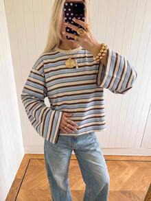 SHEIN EZwear 女款休閒寬鬆長袖條紋T恤上衣，適合秋季日常通勤、聚會、秋冬夏季、聖誕節、新年、感恩節、派對、婚禮、海灘、畢業典禮、優雅出遊、約會、通勤、情人節、度假、Y2K及其他場合 - 彩色 - 查看 5