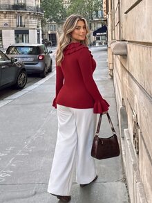 Vionelle Plus Size Autumn/Winter Thermal Lined Ribbed Texture Double Layer Ruffle Collar Long Sleeve Ruffle Cuff Women's T-Shirt Going Out Evening Red Elegant - Red - View 2