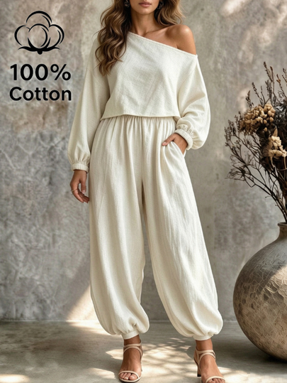 Ceyna Off-White Asymmetrical Shoulder Cropped Long Sleeve Top And Wide Leg Cuffed Pants 2 Pieces Set, 100% Cotton Relaxed Casual Outfit, Lazy Vacation Style High Waist Loose Slimming Women's Commuter Plus Size Set