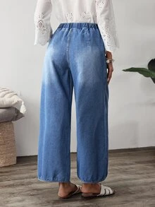 SHEIN Tall Women's Elastic Waist Pocket Casual Everyday Denim Jeans - Blue - View 2