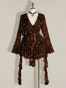 SHEIN ICON Women's Plus Size Leopard Print Ruffle Hem Dress - Brown - View 3