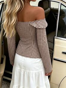 Easura Atmospheric Off-Shoulder Side Slit Plaid Women's Commuter Elegant Daily Avant-Garde Blouse - Multicolor - View 2
