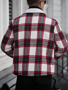 Manfinity CasualCool 男士格紋長袖單排扣休閒工裝口袋夾克，秋冬法蘭絨外套，送給男友與丈夫的完美節日禮物 - 彩色 - 查看 2