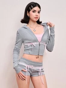 ROMWE Y2K Setelan 2 Potong Kardigan Berkerudung dan Celana Pendek Musim Gugur/Dingin untuk Wanita - Light Grey - View 5