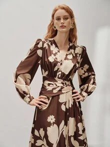 Aveloria Modichic European And American Style Autumn/Winter New Fashion Versatile Floral Print V-Neck Pleated Design Elegant Commute Classic Women's Long Dress - Multicolor - View 4