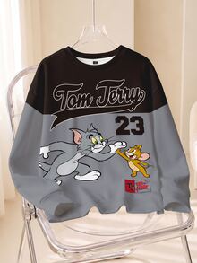 TOM & JERRY X SHEIN Men's Letter Cartoon Print Crew Neck Long Sleeve Casual Sweatshirt - White - View 1