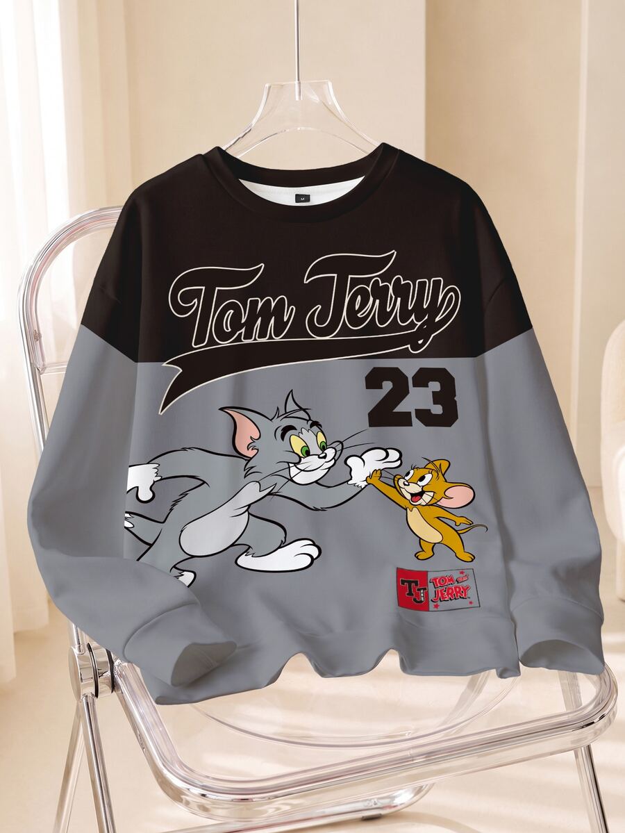 TOM & JERRY X SHEIN Men's Letter Cartoon Print Crew Neck Long Sleeve Casual Sweatshirt - White - View 1