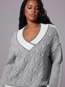 Rustia Plus Size Women's Loose V-Neck Colorblock Long Sleeve Pullover Sweater, Suitable For Daily Wear And Travel Winter - Multicolor - View 1