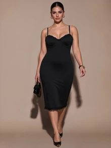 SHEIN BAE CURVE Plus Size Women Lace Patchwork Mid-Length Anti-Chafing Dress - Black - View 3